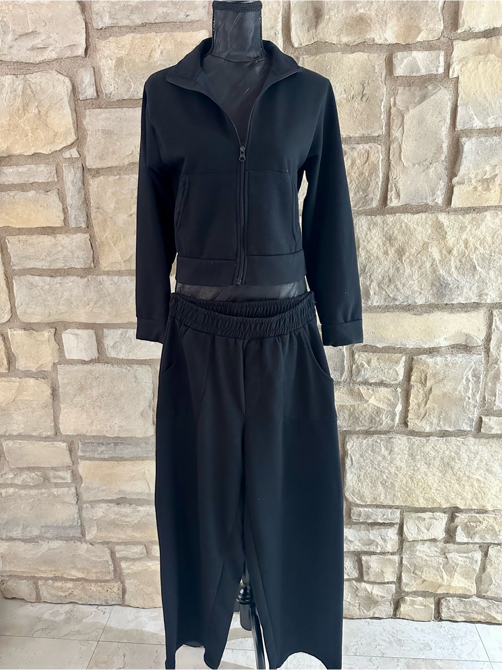 Fashion Nova Black Track Jacket and Wide-Leg Joggers Set